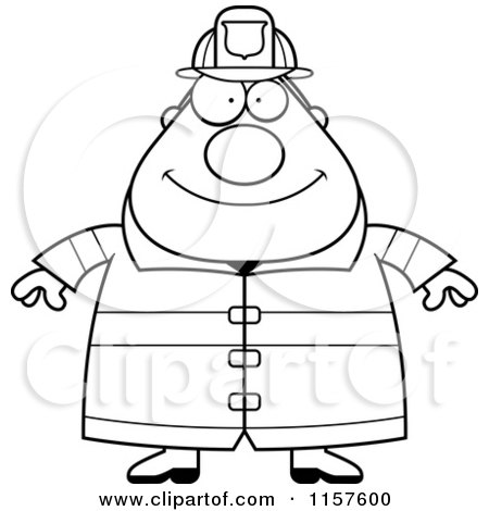Cartoon Clipart Of A Black And White Pudgy Fireman - Vector Outlined Coloring Page by Cory Thoman