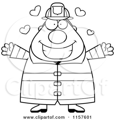 Cartoon Clipart Of A Black And White Pudgy Fireman with Open Arms - Vector Outlined Coloring Page by Cory Thoman