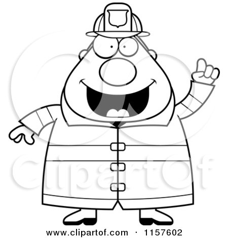 Cartoon Clipart Of A Black And White Pudgy Fireman with an Idea - Vector Outlined Coloring Page by Cory Thoman