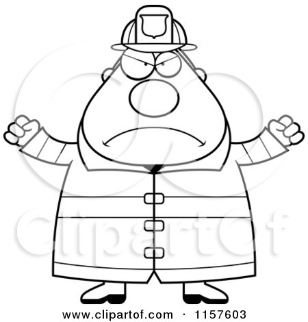 Cartoon Clipart Of A Black And White Pudgy Mad Fireman - Vector Outlined Coloring Page by Cory Thoman