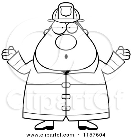 Cartoon Clipart Of A Black And White Pudgy Fireman Shrugging - Vector Outlined Coloring Page by Cory Thoman