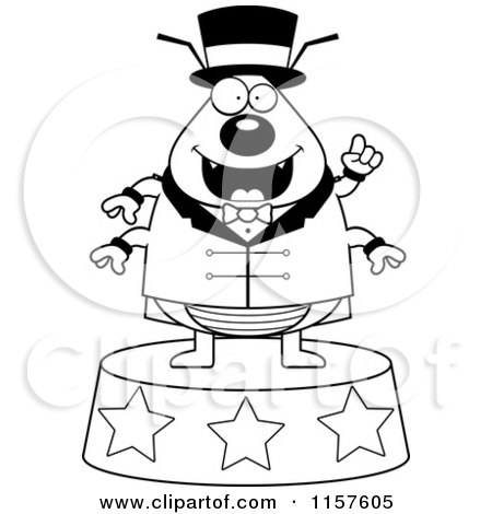 Cartoon Clipart Of A Black And White Plump Circus Flea Standing on a Podium - Vector Outlined Coloring Page by Cory Thoman