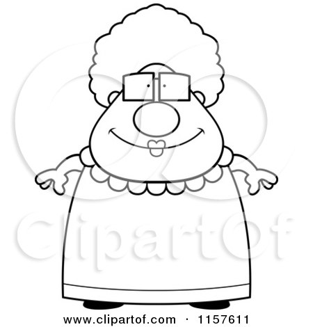 Cartoon Clipart Of A Black And White Chubby Granny in a Pink Dress - Vector Outlined Coloring Page by Cory Thoman