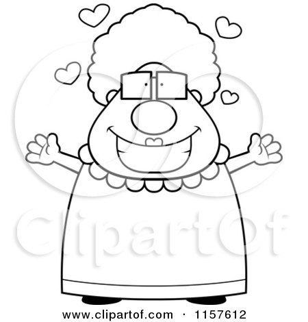 Cartoon Clipart Of A Black And White Plump Sweet Granny Waiting for a Hug - Vector Outlined Coloring Page by Cory Thoman