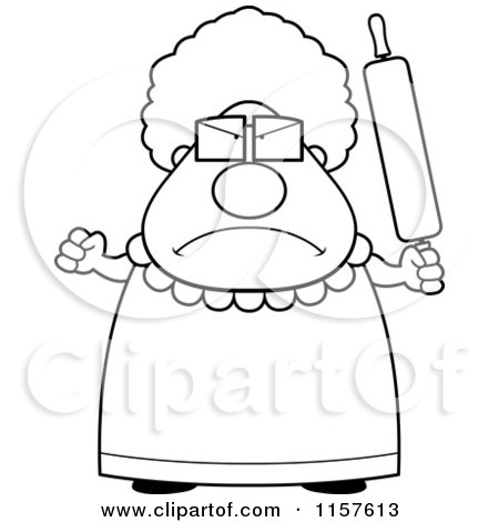 Cartoon Clipart Of A Black And White Plump Granny Waving a Rolling Pin in Anger - Vector Outlined Coloring Page by Cory Thoman