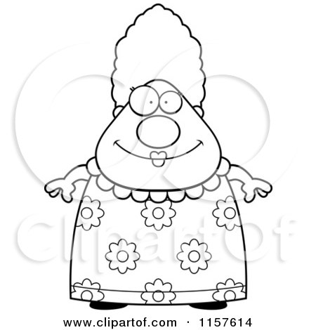 Cartoon Clipart Of A Black And White Chubby Grandma in a Floral Dress - Vector Outlined Coloring Page by Cory Thoman