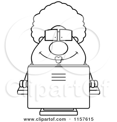 Cartoon Clipart Of A Black And White Plump Granny Using a Desktop Computer - Vector Outlined Coloring Page by Cory Thoman