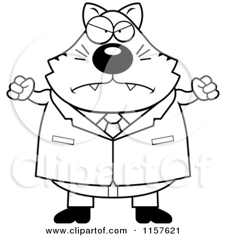 Cartoon Clipart Of A Black And White Plump Mad Business Cat - Vector Outlined Coloring Page by Cory Thoman