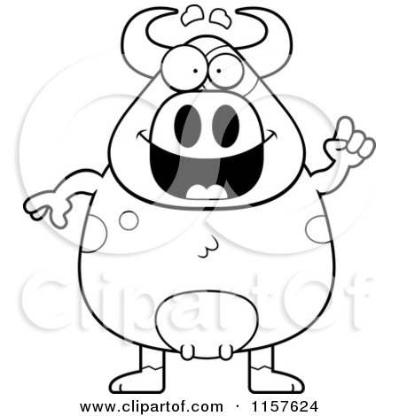 Cartoon Clipart Of A Black And White Spotted Chubby Bull with an Idea - Vector Outlined Coloring Page by Cory Thoman