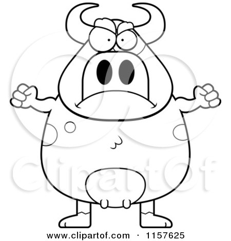 Cartoon Clipart Of A Black And White Chubby Angry Bull - Vector Outlined Coloring Page by Cory Thoman