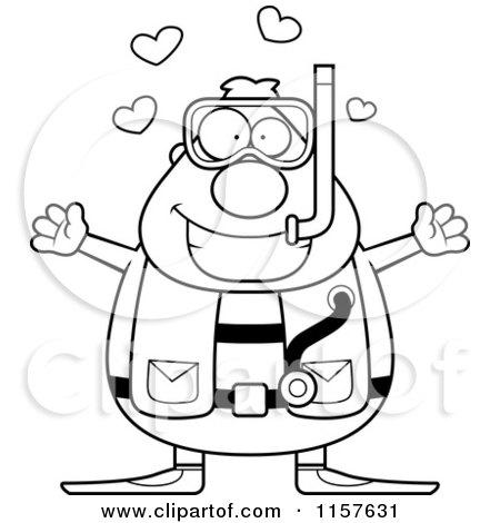 Cartoon Clipart Of A Black And White Chubby Male Scuba Diver with Open Arms - Vector Outlined Coloring Page by Cory Thoman