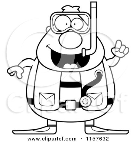 Cartoon Clipart Of A Black And White Chubby Male Scuba Diver with an Idea - Vector Outlined Coloring Page by Cory Thoman