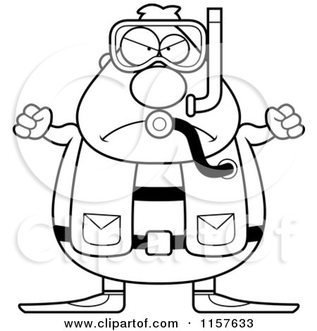 Cartoon Clipart Of A Black And White Mad Chubby Male Scuba Diver - Vector Outlined Coloring Page by Cory Thoman