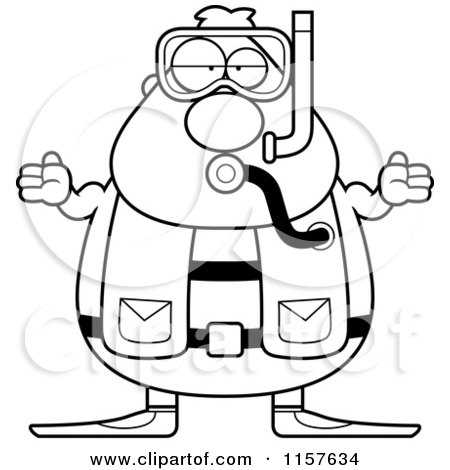 Cartoon Clipart Of A Black And White Chubby Male Scuba Diver Shrugging - Vector Outlined Coloring Page by Cory Thoman