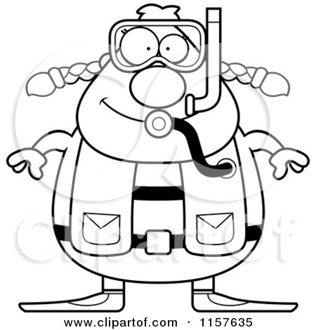 Cartoon Clipart Of A Black And White Chubby Female Scuba Diver - Vector Outlined Coloring Page by Cory Thoman