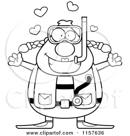 Cartoon Clipart Of A Black And White Chubby Female Scuba Diver with Open Arms - Vector Outlined Coloring Page by Cory Thoman