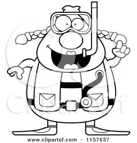 Cartoon Clipart Of A Black And White Chubby Female Scuba Diver with an Idea - Vector Outlined Coloring Page by Cory Thoman