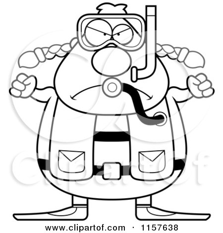 Cartoon Clipart Of A Black And White Mad Chubby Female Scuba Diver - Vector Outlined Coloring Page by Cory Thoman