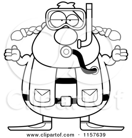 Cartoon Clipart Of A Black And White Chubby Female Scuba Diver Shrugging - Vector Outlined Coloring Page by Cory Thoman