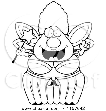 Cartoon Clipart Of A Black And White Plump Fairy Godmother with an Idea - Vector Outlined Coloring Page by Cory Thoman