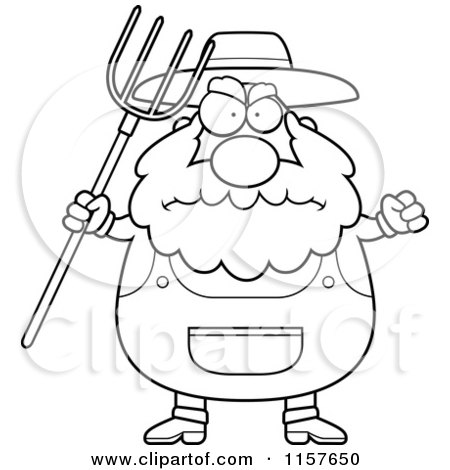 Cartoon Clipart Of A Black And White Plump Farmer Waving a Pitchfork in Anger - Vector Outlined Coloring Page by Cory Thoman