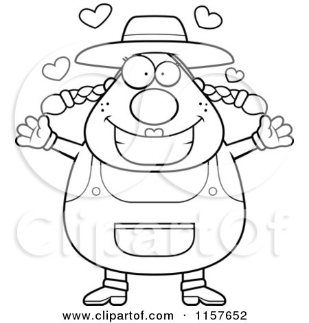 Cartoon Clipart Of A Black And White Plump Female Farmer with Open Arms - Vector Outlined Coloring Page by Cory Thoman