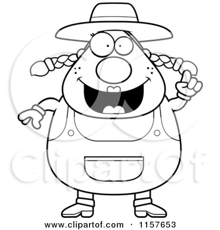 Cartoon Clipart Of A Black And White Plump Female Farmer with an Idea - Vector Outlined Coloring Page by Cory Thoman
