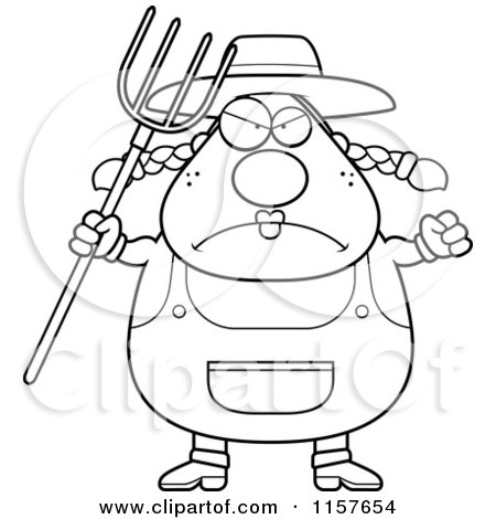 Cartoon Clipart Of A Black And White Plump Female Farmer with a Pitchfork - Vector Outlined Coloring Page by Cory Thoman