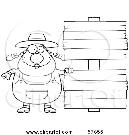 Cartoon Clipart Of A Black And White Plump Female Farmer Standing by Blank Signs - Vector Outlined Coloring Page by Cory Thoman