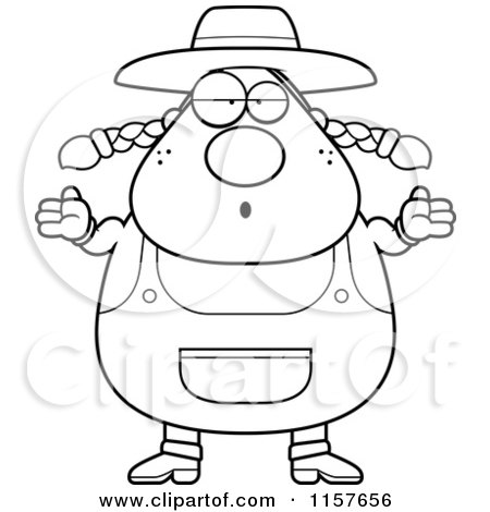 Cartoon Clipart Of A Black And White Plump Female Farmer Shrugging - Vector Outlined Coloring Page by Cory Thoman