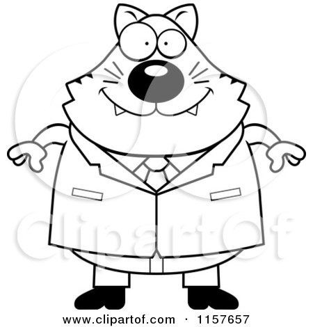 Cartoon Clipart Of A Black And White Plump Business Cat in a Suit - Vector Outlined Coloring Page by Cory Thoman