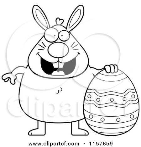 Cartoon Clipart Of A Black And White Chubby Easter Rabbit with an Egg - Vector Outlined Coloring Page by Cory Thoman