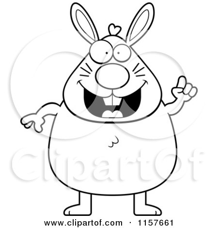 Cartoon Clipart Of A Black And White Plump Rabbit with an Idea - Vector Outlined Coloring Page by Cory Thoman