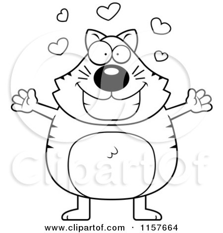 Cartoon Clipart Of A Black And White Chubby Cat with Open Arms - Vector Outlined Coloring Page by Cory Thoman