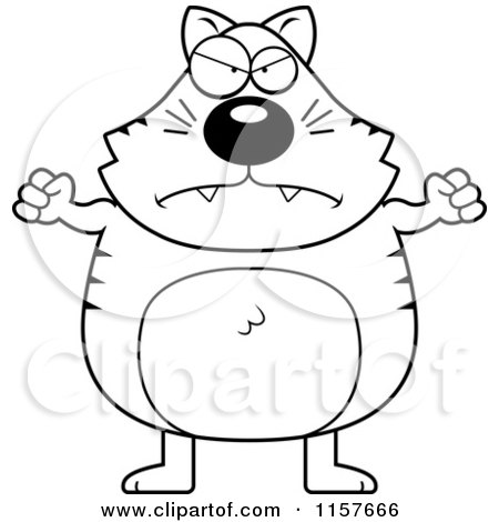 Cartoon Clipart Of A Black And White Plump Cat Waving His Fists - Vector Outlined Coloring Page by Cory Thoman
