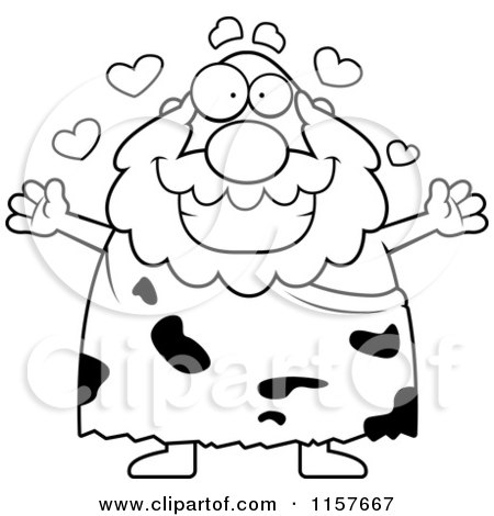 Cartoon Clipart Of A Black And White Chubby Caveman with Open Arms - Vector Outlined Coloring Page by Cory Thoman
