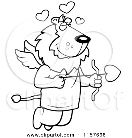 Cartoon Clipart Of A Black And White Flying Lion Cupid with Hearts and an Arrow - Vector Outlined Coloring Page by Cory Thoman