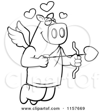 Cartoon Clipart Of A Black And White Flying Pig Cupid with Hearts and an Arrow - Vector Outlined Coloring Page by Cory Thoman