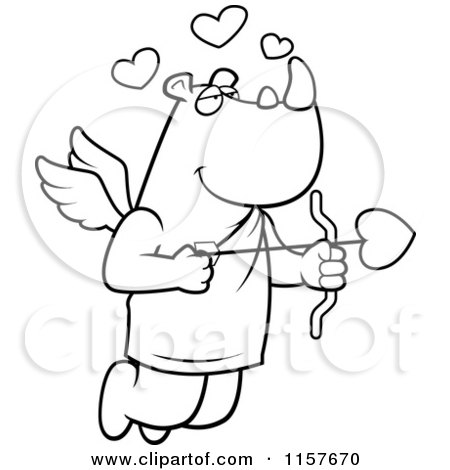 Cartoon Clipart Of A Black And White Cupid Rhino Shooting a Heart Arrow - Vector Outlined Coloring Page by Cory Thoman
