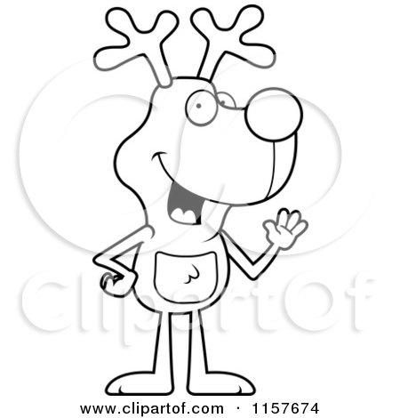 Cartoon Clipart Of A Black And White Waving Rudolph Standing on His Hind Legs - Vector Outlined Coloring Page by Cory Thoman