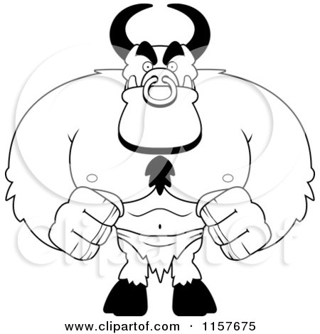 Cartoon Clipart Of A Black And White Huge Devil Bull - Vector Outlined Coloring Page by Cory Thoman