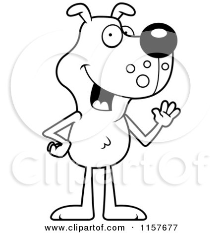Cartoon Clipart Of A Black And White Skinny Dog Standing on His Hind Legs and Waving - Vector Outlined Coloring Page by Cory Thoman
