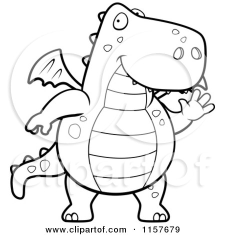 Cartoon Clipart Of A Black And White Big Dragon Waving - Vector Outlined Coloring Page by Cory Thoman