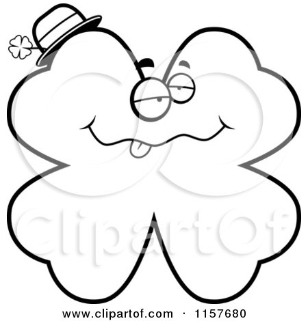 Cartoon Clipart Of A Black And White Drunk St Patrick's Day Clover Face - Vector Outlined Coloring Page by Cory Thoman