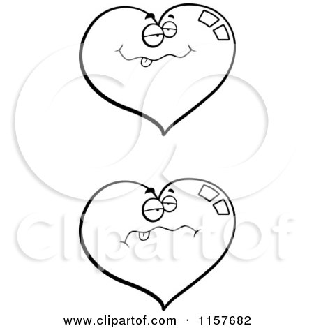 Cartoon Clipart Of Black And White Drunk Hearts - Vector Outlined Coloring Page by Cory Thoman