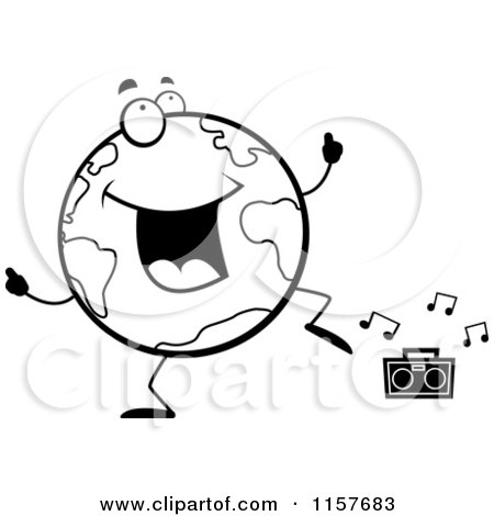 Cartoon Clipart Of A Black And White Globe Doing a Happy Dance - Vector Outlined Coloring Page by Cory Thoman