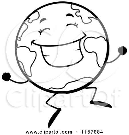 Cartoon Clipart Of A Black And White Happy Globe Character Jumping - Vector Outlined Coloring Page by Cory Thoman