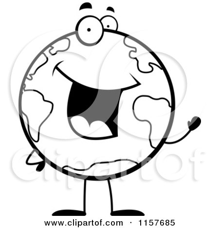 Cartoon Clipart Of A Black And White Happy Globe Character Waving - Vector Outlined Coloring Page by Cory Thoman