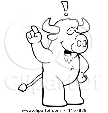 Cartoon Clipart Of A Black And White Buffalo With An Idea - Vector Outlined Coloring Page by Cory Thoman