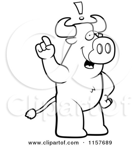 Cartoon Clipart Of A Black And White Big Bull Standing Upright, with an Idea - Vector Outlined Coloring Page by Cory Thoman